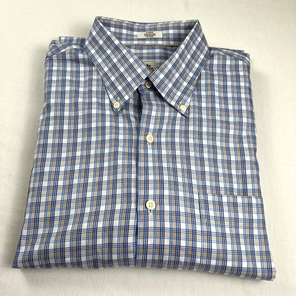 Peter Millar Mens Shirt Large Blue and White Plaid 100% Cotton Button-Down - Picture 1 of 10
